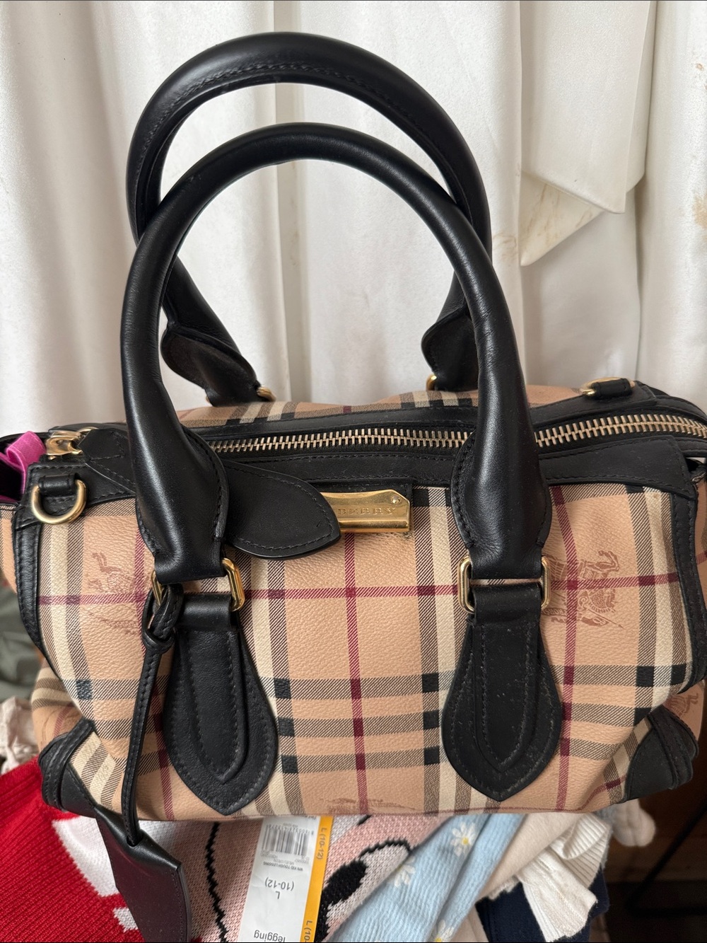 Burberry Beige Nova Check Satchel with Black Leather Trim